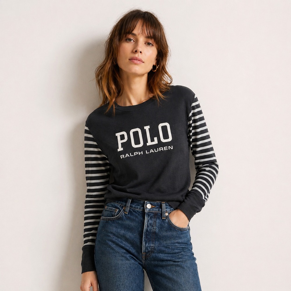 Polo Ralph Lauren Black Thermal Long Sleeve Shirt Waffle Knit Sz S